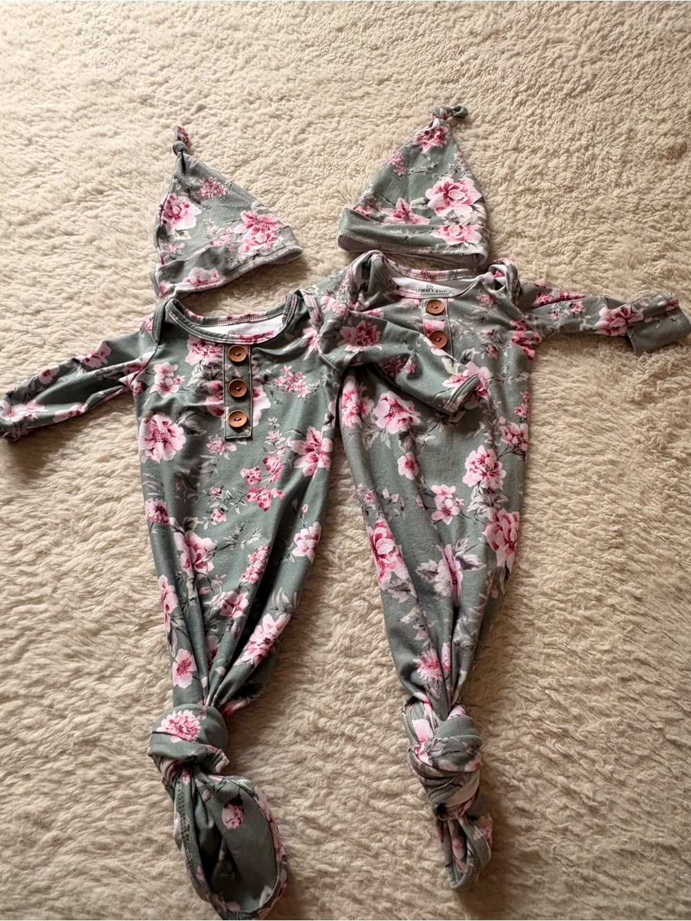 *twins* Caden Lane Floral Sleep Gown in Sage Green and Pink.
